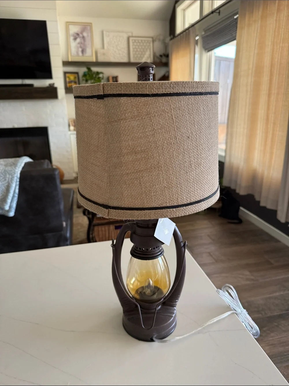 Vintage Rustic Brown Lantern Table Lamp with Beige Burlap Shade